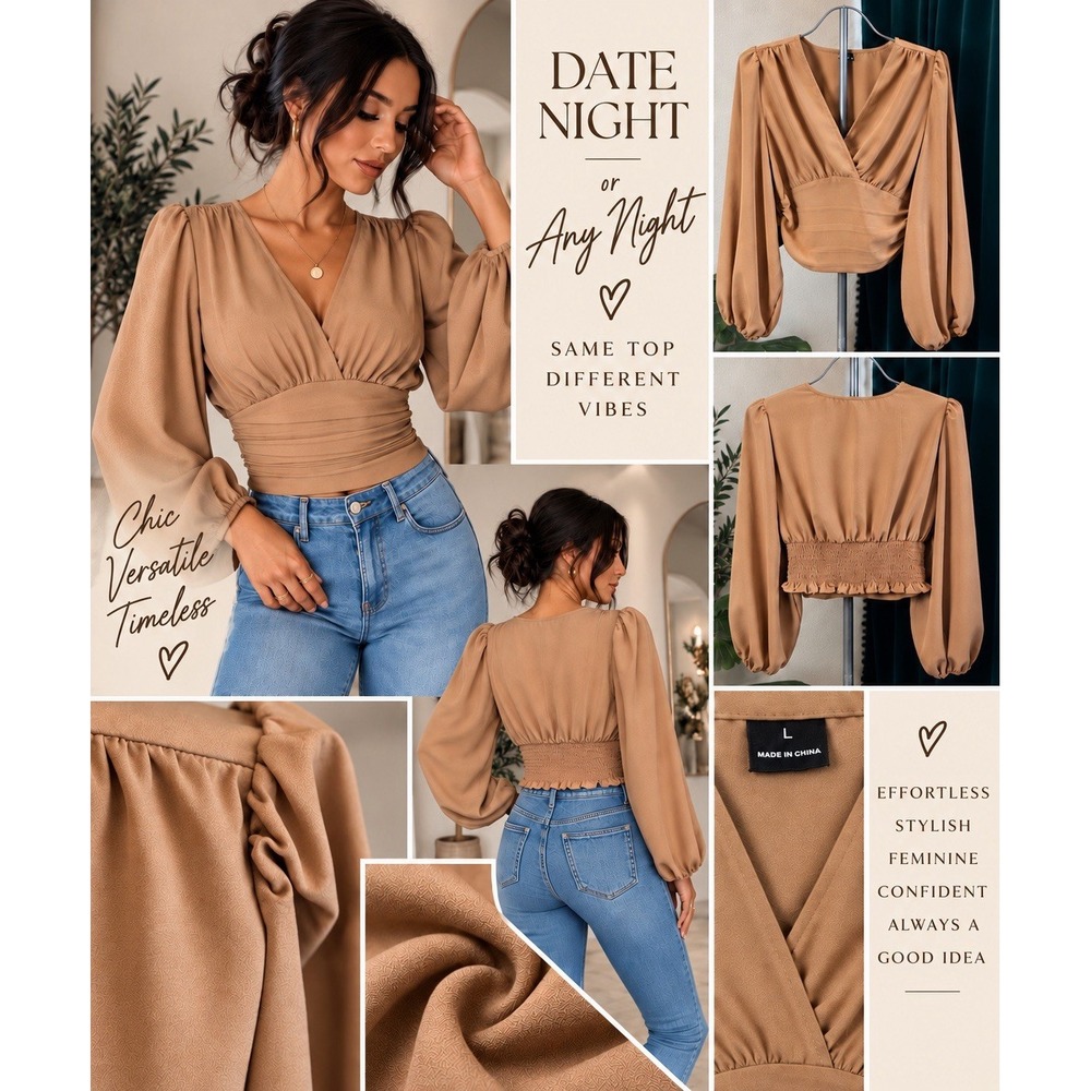 New Women's Mocha Puff Sleeve Ruched Waist Blouse Top Large Romantic Fall L